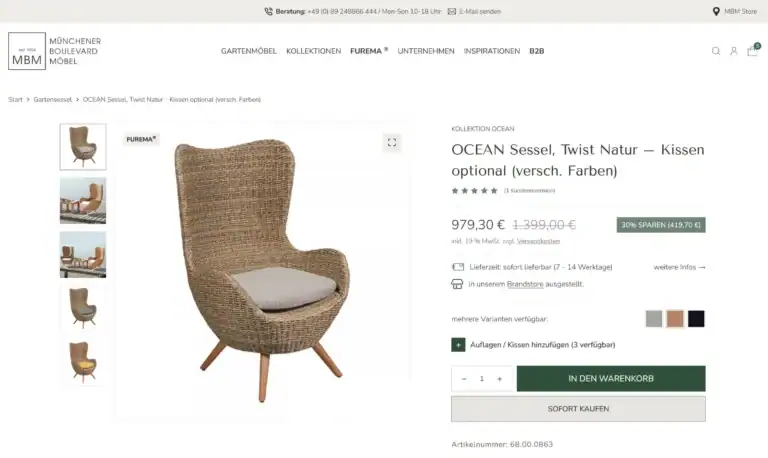 Gemütlicher Rattansessel mit Kissen, moderners Design, perfekt für Garten und Terrasse.